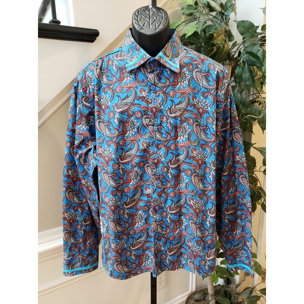 Platini Jeans Cougar Men’s Xxxl Paisley Long Sleeve Shirt 100% Cotton Blue Red